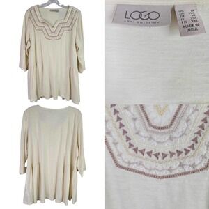 Logo Lori Goldstein Womens Tunic Shirt Plus Size 1X Cream LS Embroidered